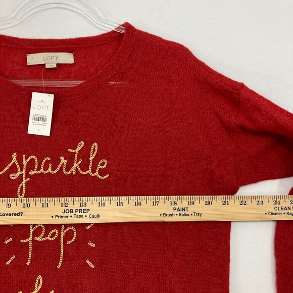 New LOFT Large Red Embroidered Graphic Wool Mohair Blend Light Sweater Holiday - Picture 6 of 10